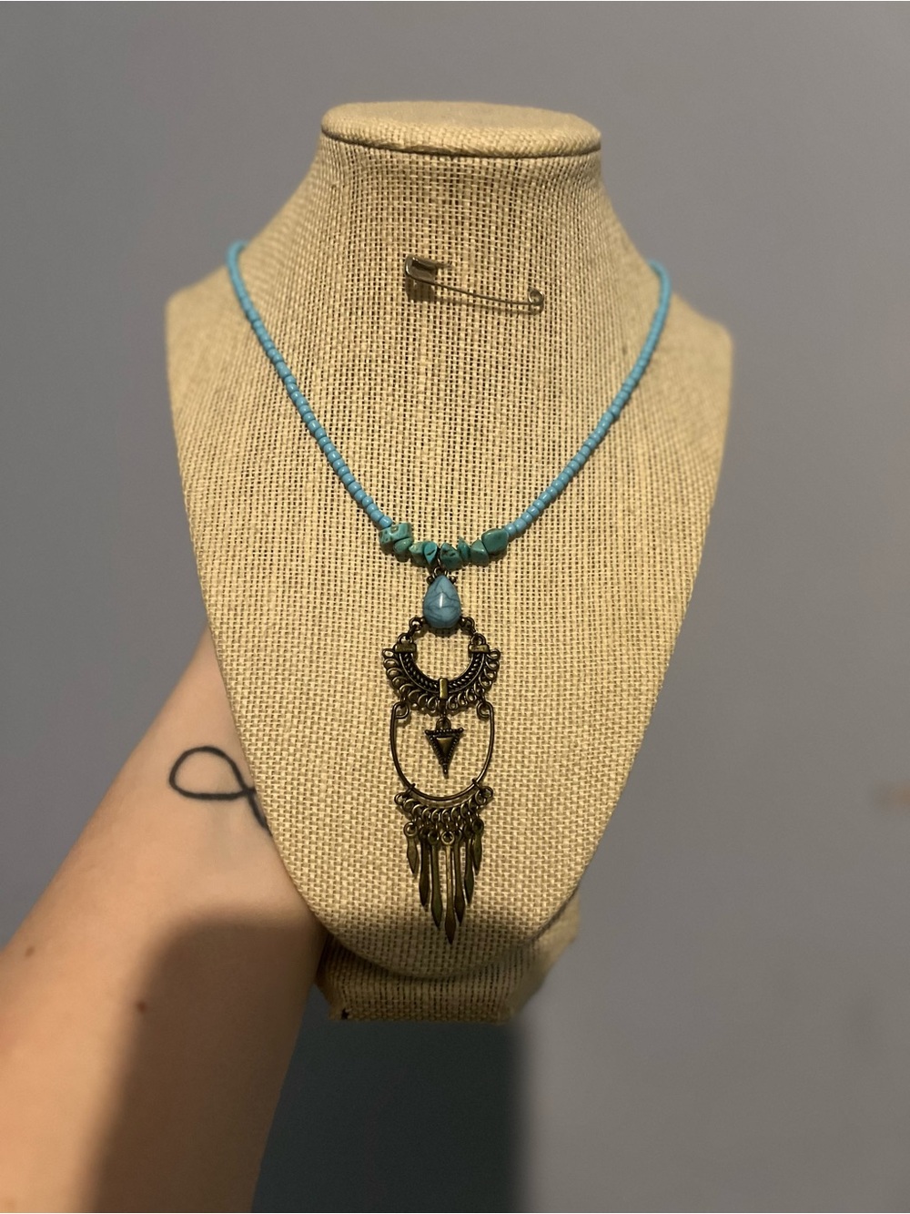 Handmade Boho Turquoise Beaded Necklace with Boho Brown Pendant- Women's Jewelry